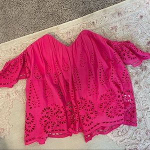 Francesca’s Hot Pink Eyelet Strapless top with Sweetheart neck & open back, XS
